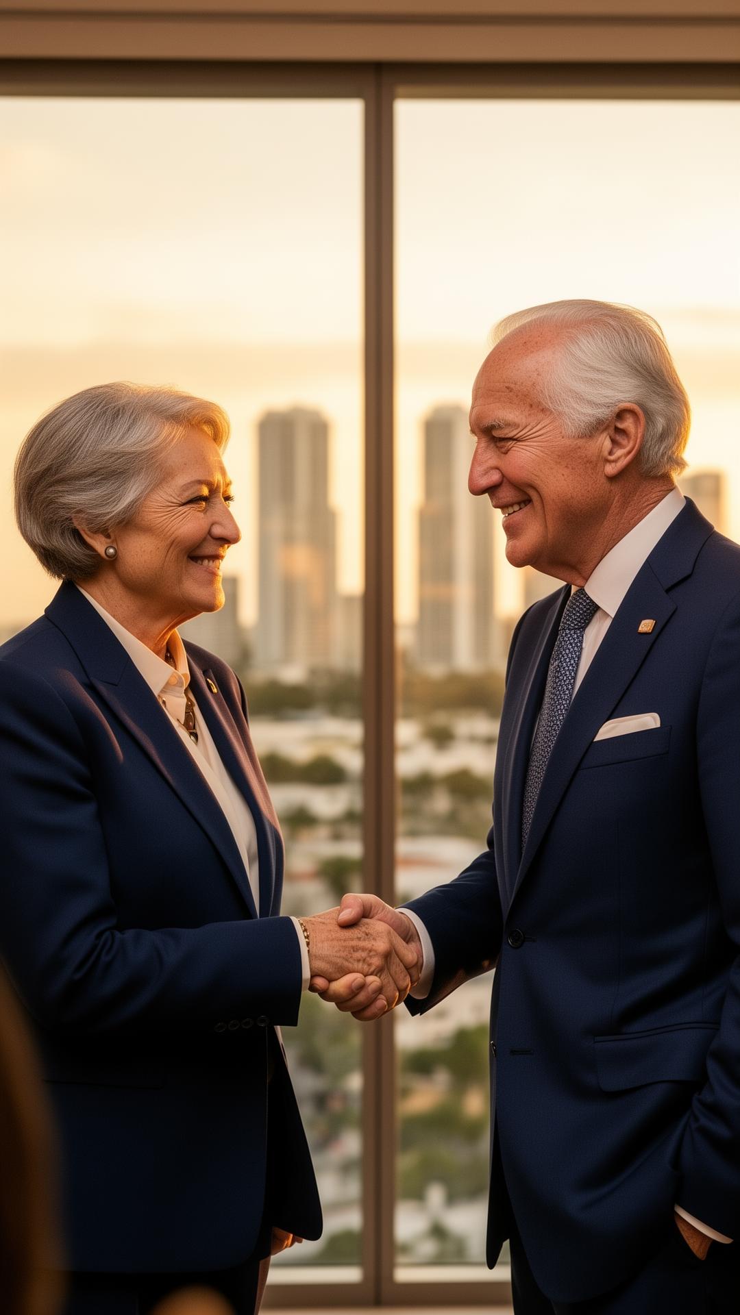 Two senior executives shaking hands at a Miami event